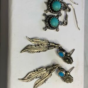 Silver and Turquoise Turtle and Feather Earrings. Both marked Sterling